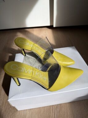 Calvin Klein Yellow Pointed Mule Heels with Clear Band
